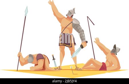 Composizione cartoon gladiatore romano con vincitore e due perdenti che giacciono su illustrazione vettoriale di terra Illustrazione Vettoriale
