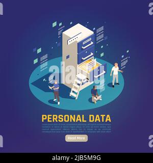 Privacy protezione dei dati gdpr sfondo isometrico con caratteri di lettura persone scaffali e leggere di più pulsante vettore illustrazione Illustrazione Vettoriale