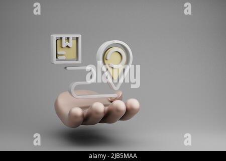 Belle illustrazioni astratte Golden Hand Holding Delivery Location simbolo di tracciamento icona su sfondo grigio. 3d illustrazione del rendering. Online SH Foto Stock