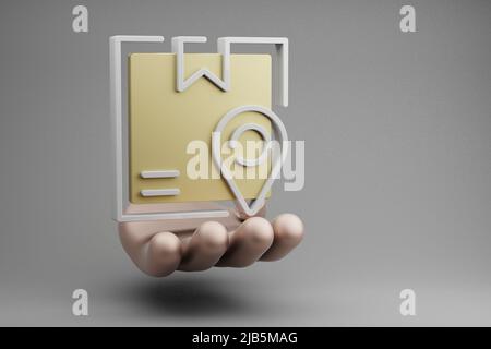 Belle illustrazioni astratte Golden Hand Holding Delivery Box Tracking icona del simbolo della posizione su sfondo grigio. 3d illustrazione del rendering. Onli Foto Stock