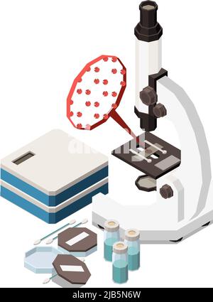 Formazione dello stelo concetto isometrico icone composizione con immagini di microscopio e batteri con illustrazione vettoriale delle provette Illustrazione Vettoriale