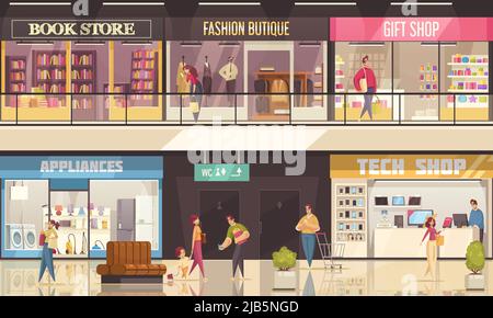 Illustrazione del centro commerciale con interni all'interno del centro commerciale angoli negozi e boutique illustrazione vettoriale Illustrazione Vettoriale