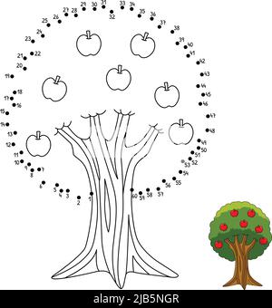 Pagina colorazione albero di mele da punto a punto per bambini Illustrazione Vettoriale