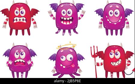 Emoticon mostro cartoon set con sei caratteri di bestie infantili con ali isolate su sfondo vuoto illustrazione vettoriale Illustrazione Vettoriale