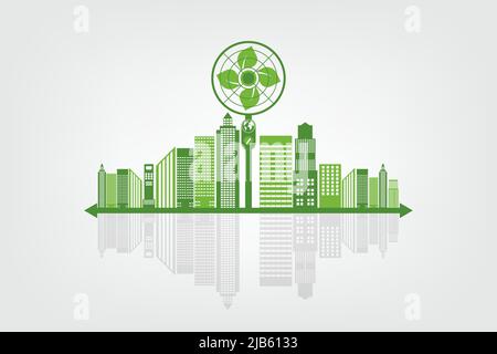 Ecologia e Fan Concept, simbolo della Terra con foglie verdi intorno alle città aiutare il mondo con idee ecocompatibili Illustrazione Vettoriale