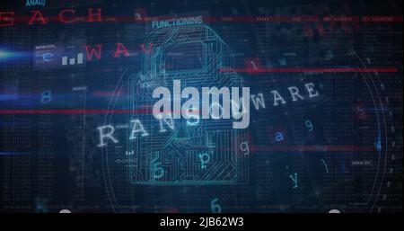 Immagine dell'elaborazione dei dati di avvertenza, lucchetto di sicurezza online e scheda a circuito stampato Foto Stock