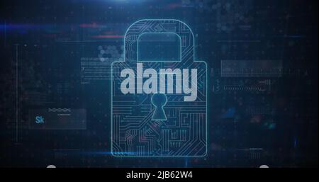 Immagine dell'elaborazione dei dati di avvertenza, lucchetto di sicurezza online e scheda a circuito stampato Foto Stock