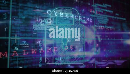 Immagine dell'elaborazione dei dati di avvertenza, lucchetto di sicurezza online e scheda a circuito stampato Foto Stock