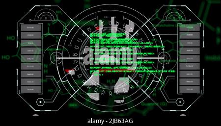 Immagine delle formule chimiche e dell'elaborazione dei dati su impronte digitali su sfondo nero Foto Stock