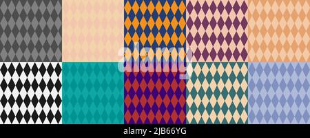Set di semplici motivi senza giunture con rombi geometrici in bianco e nero e colorati. Righe Rhombus, ornamento per carta da parati, carta da imballaggio, tessuto, fabr Illustrazione Vettoriale
