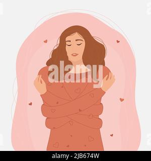 Concetto di amore di sé, donna che si abbracciano, illustrazione vettoriale in stile piatto Illustrazione Vettoriale
