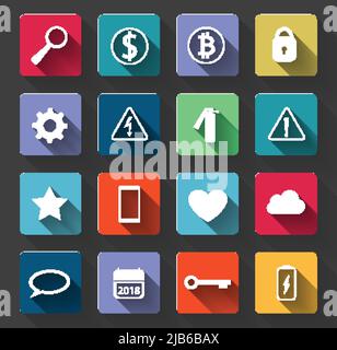 Simboli di avvertimento e icone sociali impostati con Long Shadow.Symbols utilizzati nella vita di tutti i giorni. Application Vector Illustrator Illustrazione Vettoriale