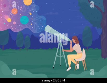 Giovane astronomo con telescopio che guarda i corpi celesti disegno vettoriale a colori piatto Illustrazione Vettoriale