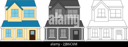 Casa di campagna in stile cartone animato. Design colorato, monocromatico e lineare. Illustrazione Vettoriale