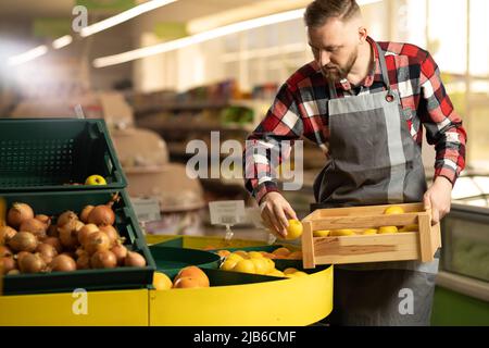 Supermarket worker in grembiule impilare frutta nel suo reparto, dipendente negozio di alimentari con limoni Foto Stock