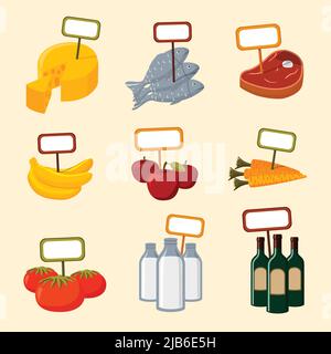 Supermercato alimenti articoli di carne pesce frutti e verdure bevande con segni vuoto isolato illustrazione vettoriale Illustrazione Vettoriale