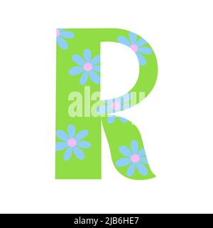Capitale verde brillante decorato con fiori primavera lettera disegnata a mano R di alfabeto inglese semplice cartoon stile illustrazione vettoriale, calligrafica abc, carino divertente scrittura a mano, scarabeo e lettere Illustrazione Vettoriale