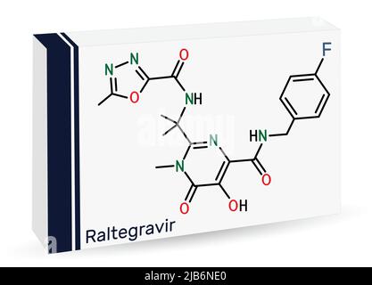 Raltegravir, molecola RAL. Si tratta di farmaci antiretrovirali, usati per trattare l'HIV, l'AIDS. Formula chimica scheletrica. Imballaggio in carta per farmaci. Vettore illu Illustrazione Vettoriale