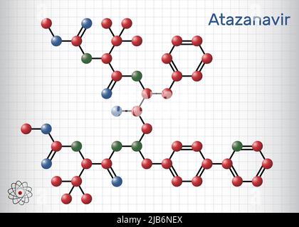 Molecola di atazanavir. È un farmaco antiretrovirale, utilizzato per il trattamento dell'HIV. Modello di molecola. Foglio di carta in gabbia. Illustrazione vettoriale Illustrazione Vettoriale