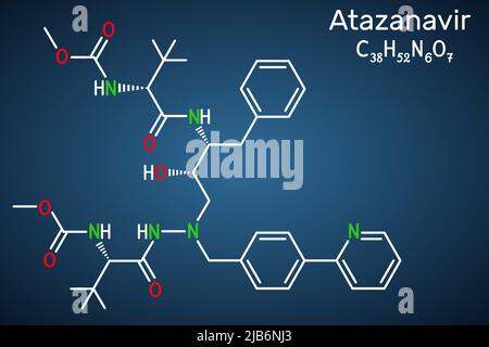 Molecola di atazanavir. È un farmaco antiretrovirale, utilizzato per il trattamento dell'HIV. Formula chimica strutturale su sfondo blu scuro. Vettore i Illustrazione Vettoriale