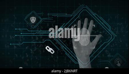 Immagine degli elementi del circuito stampato del computer e delle impronte biometriche con elaborazione dei dati Foto Stock