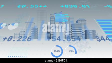 Immagine digitale dell'elaborazione dei dati statistici oltre 3D modelli di edifici su sfondo grigio Foto Stock