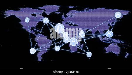 Immagine di una rete di connessioni con le icone delle persone sulla mappa del mondo su sfondo nero Foto Stock