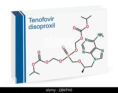 Molecola di tenofovir disoproxil. Usato nel trattamento dell'epatite B, infezione da HIV. Formula chimica scheletrica. Imballaggio in carta per farmaci. Vettore illus Illustrazione Vettoriale