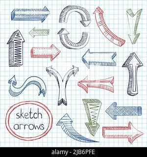 Colorate le frecce di navigazione su squadrati sfondo notebook schizzo a matita le icone di disegno piatto isolato illustrazione vettoriale Illustrazione Vettoriale