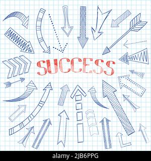 Disegno a matita frecce sulla parola successo sul notebook squadrato schizzo di sfondo icone isolato piatta illustrazione vettoriale Illustrazione Vettoriale
