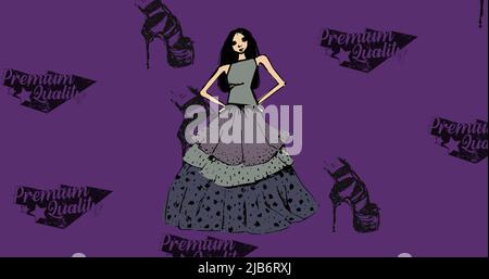 Immagine delle icone delle scarpe e del modello su sfondo viola Foto Stock