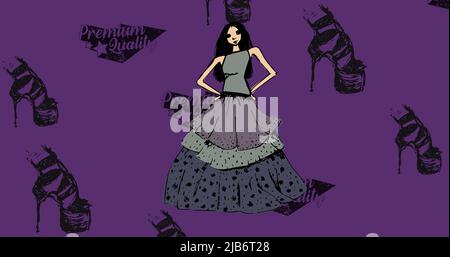 Immagine delle icone delle scarpe e del modello su sfondo viola Foto Stock