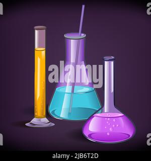 Laboratorio chimico serie di beute vetreria con il tubo e il sughero su sfondo viola il modello di stampa illustrazione vettoriale Illustrazione Vettoriale