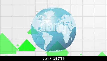 Immagine digitale del globo rotante e elaborazione dati statistici su sfondo bianco Foto Stock