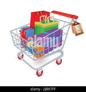 Supermercato carrello 3d pieno di confezioni regalo e sacchetti con vendita tags illustrazione vettoriale Illustrazione Vettoriale