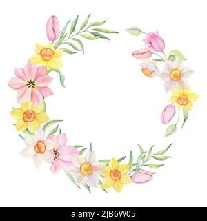 Corona floreale. Tulipano rosa acquerello, ornamento giallo e bianco dei narcati. Illustrazione dell'acquerello disegnata a mano. Elementi decorativi di design. Foto Stock