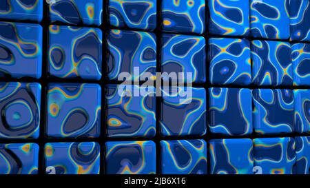 Avvicinati alla parete a cubo con una texture lucida di marmo liquido blu sotto forma di onde. 3D Illustrazione Foto Stock