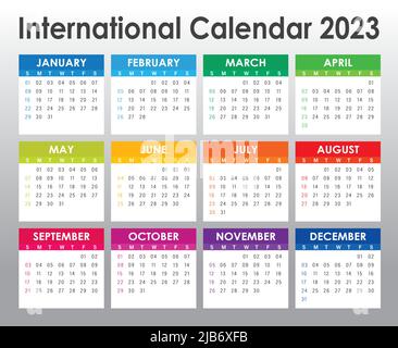 Modello vettoriale colorato anno calendario 2023, design semplice e pulito. Calendario per 2023on White background per organizzazione e business. Illustrazione Vettoriale