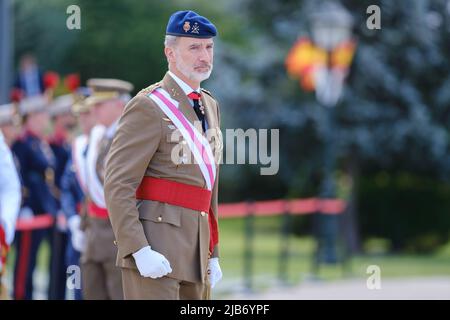 Madrid, Spagna. 03rd giugno 2022. Il re Felipe VI di Spagna partecipa alla cerimonia della bandiera delle Guardie reali presso la sede centrale 'El Rey' di Madrid. Credit: SOPA Images Limited/Alamy Live News Foto Stock