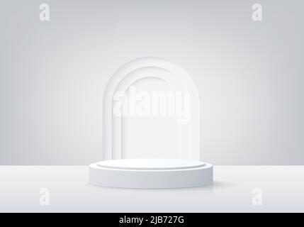 Espositore astratto bianco 3D con podio geometrico. Presentazione del prodotto, mostra prodotto cosmetico. Background vettoriale Geometric studio 3D. Illustrazione Vettoriale