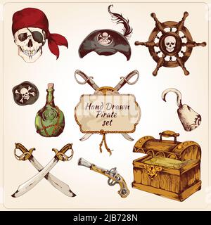Pirati colorati disegnati a mano icone decorative set di arma gancio spada isolato vettore illustrazione Illustrazione Vettoriale