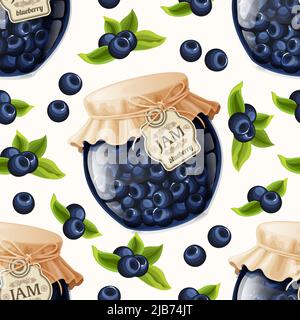 Bacche di mirtillo organico naturale marmellata vaso e foglie senza cuciture disegno vettoriale modello Illustrazione Vettoriale