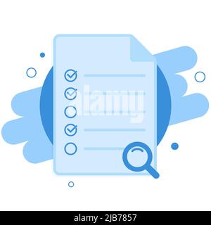 Clipboard con checkmark, icone con segno di spunta e lente di ingrandimento. Analisi, revisione, esame, controllo, concetti di ispezione. Cartoon piatto Illustrazione Vettoriale