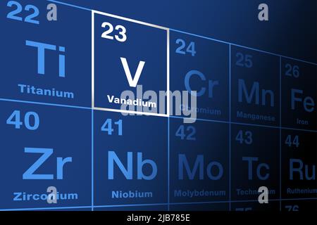 Vanadio su tavola periodica degli elementi. Metallo di transizione malleabile ed elemento chimico, con simbolo V, e numero atomico 23. Foto Stock