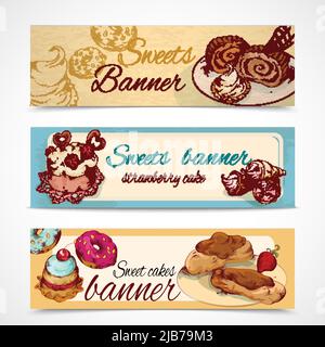 Dolci alimentari panetteria e pasticceria schizzo di striscioni colorati set isolato illustrazione vettoriale Illustrazione Vettoriale