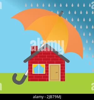 Casa protetta con grande ombrellone dalla pioggia. Illustrazione vettoriale. Composizione quadrata. Illustrazione Vettoriale