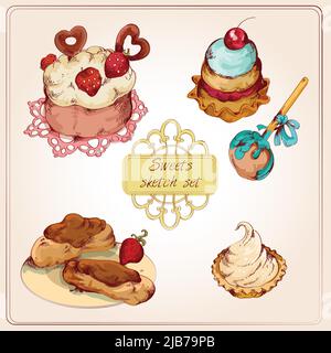 Dolci alimentari panetteria e pasticceria schizzo colorato set di torta di fragola tazza torta isolato vettore illustrazione Illustrazione Vettoriale
