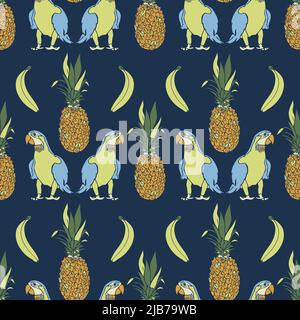 Modello vettoriale senza cuciture con pappagalli e frutti esotici. Design di fantasia con ananas e banani. Illustrazione Vettoriale