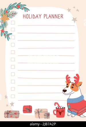 Design festoso di un aliante invernale in stile piatto. L'aliante è decorato con un cane divertente in un maglione di Natale e cervi corna. Sfondo vettoriale di Natale per i record. Illustrazione Vettoriale