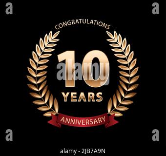 10 anni anniversario corona d'oro alloro. Logo della celebrazione dell'anniversario. Illustrazione vettoriale modificabile Illustrazione Vettoriale